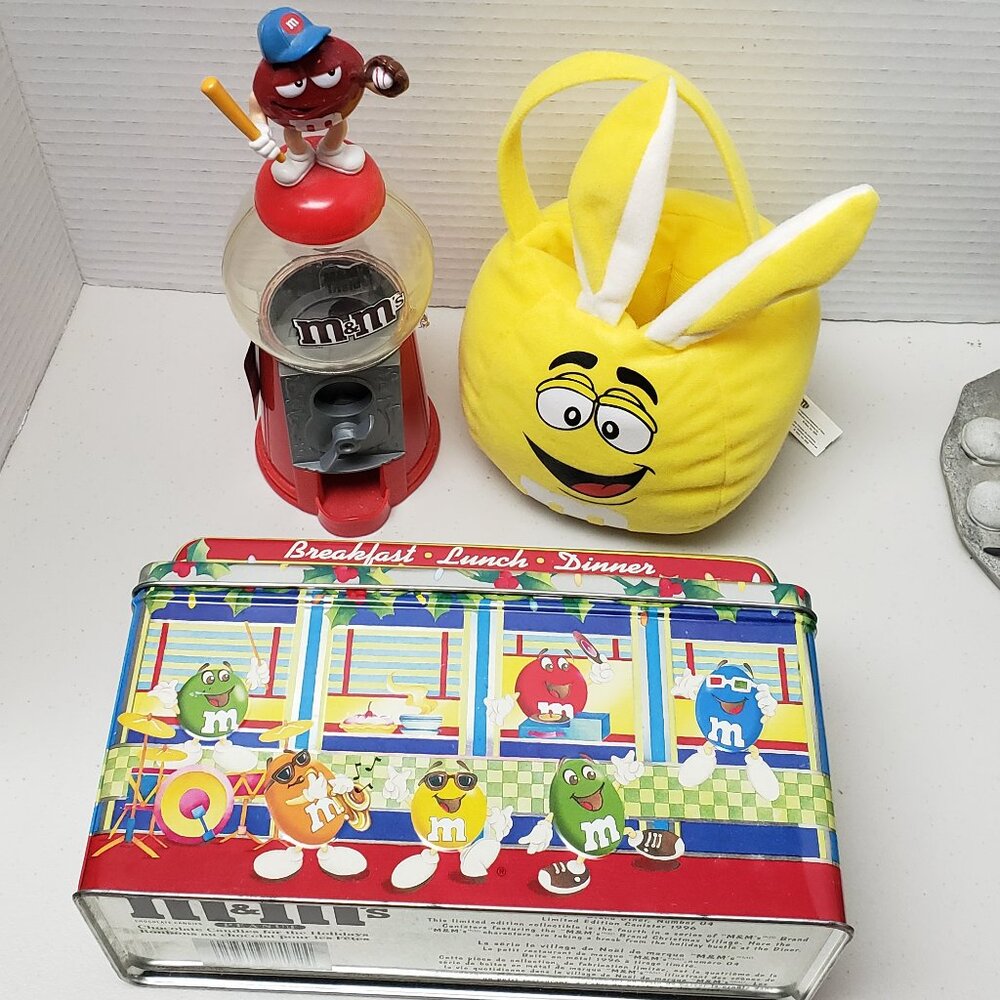 M&Ms Lot: Diner Tin, Plush Easter Basket, Baseball Dispenser